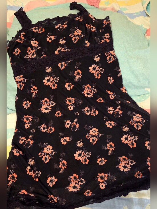 Stitch & Pine Dresses & Skirts - Black Floral Lace Trim Slip Dress - Peach Flowers